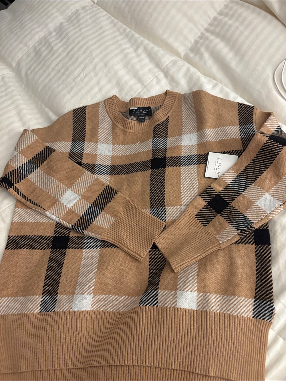 Laundry by Shelli Segal Plaid Jacquard Crewneck Sweater Plaid Sweater in Brown &